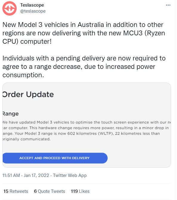 Model 3 LR replaced with AMD's new chip, increased power consumption and "slight decrease" in cruising range?