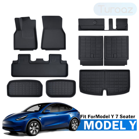 TUROAZ All Weather Floor Mats Compatible with Tesla Model Y 7 Seater 2024 2023 2022 2021, Custom 3D Fit Front Rear Tray, Cargo Liner, Trunk, Car Interior Accessories, Waterproof Snowproof (Set of 9)