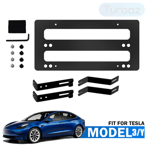 TUROAZ No Drill Adjustable Front License Plate Bracket Fit for Tesla Model 3/Y 2021 2022 2023, License Plate Covers Holder Mounting Durable, Easy to Install