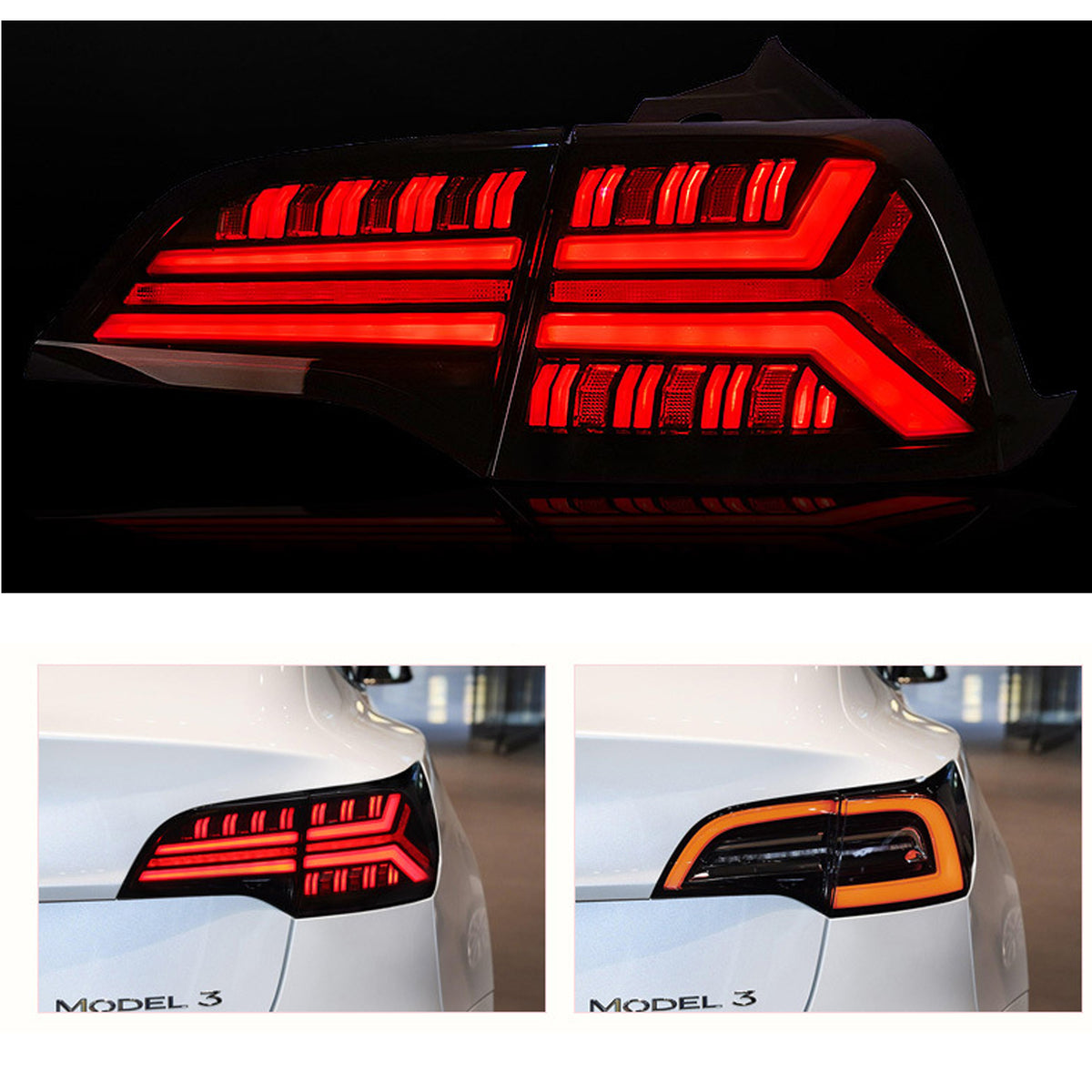 Turoaz LED Tail Light Assembly for Tesla Model 3 Y 2021+, Streamlined LED Sequential Turn Lights with Dynamic Startup Back Rear Lamps, Reverse Lights Accessories (fish bone)
