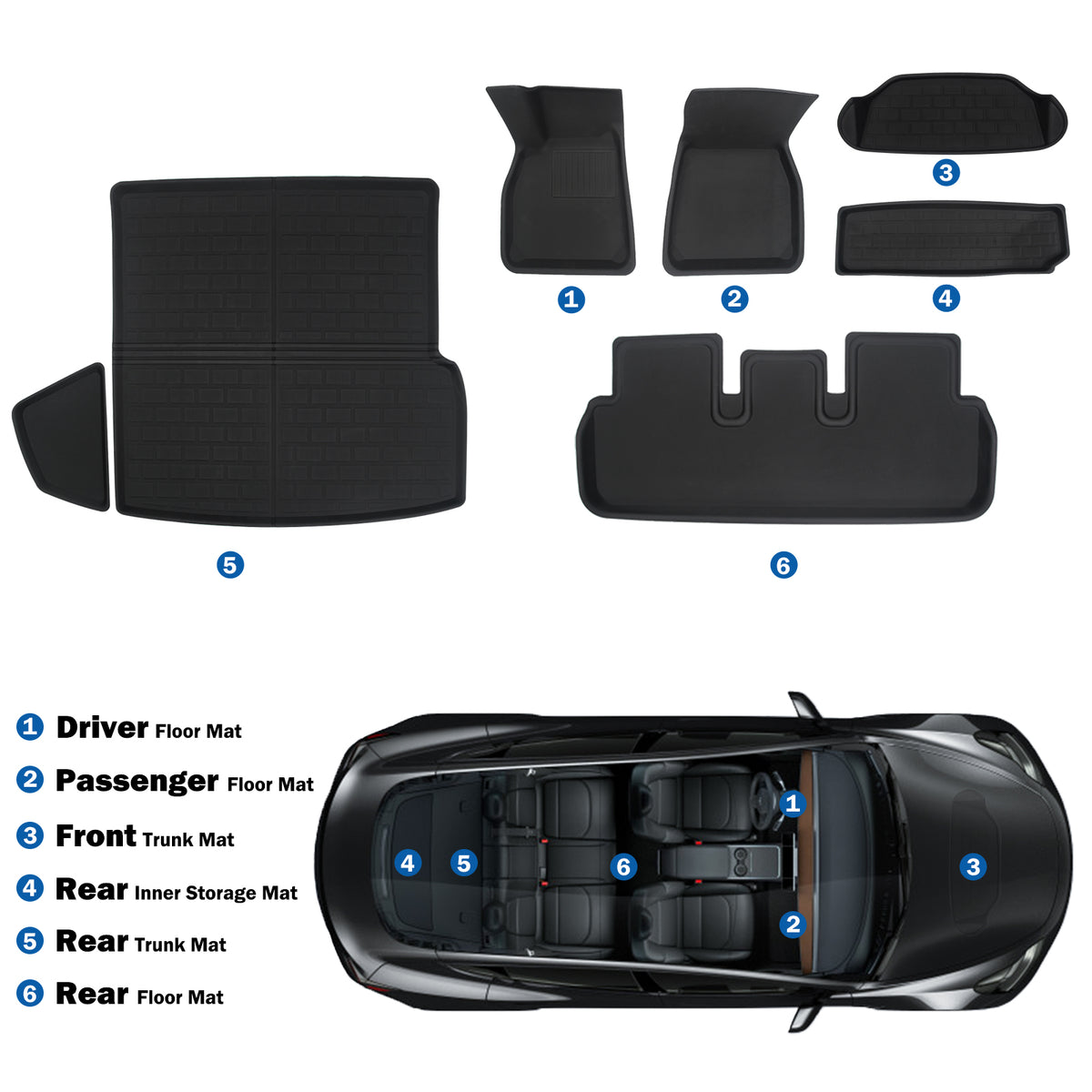 TUROAZ All Weather Floor Mats Compatible with Tesla Model S 2023 2022 2021, Custom 3D Fit Front Rear Tray, Cargo Liner, Trunk Mats Car Interior Accessories, Waterproof Anti-Slip (Full Set of 6)